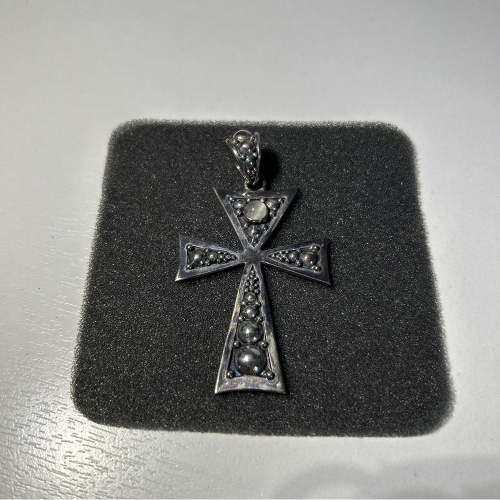 VTG Sterling Silver BA BALI SUARTI Cats Eye Pebbled Cross Necklace Pendant